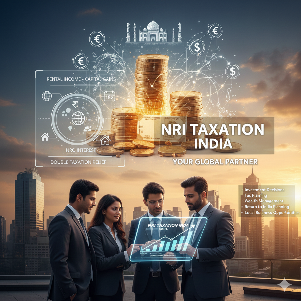NRI Taxation services illustration with digital overlays
